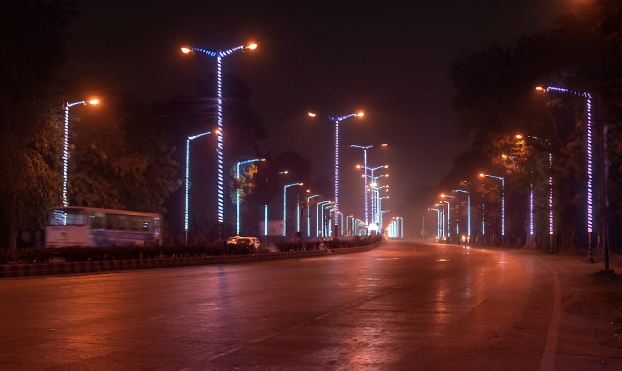 Bright street lights illuminating the road